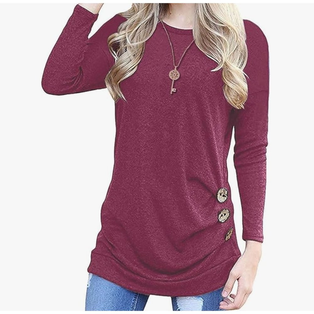 Casual Tunic Top‎ Sweatshirt Womens 2XL Wine Red Side Ruched Wood Button Soft